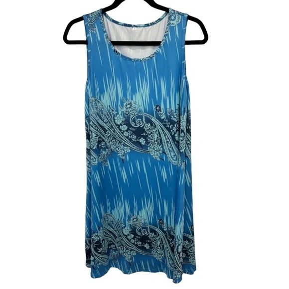 Womens Blue Paisley Sleeveless Polyester Tank Dress Size Small - Picture 2 of 3